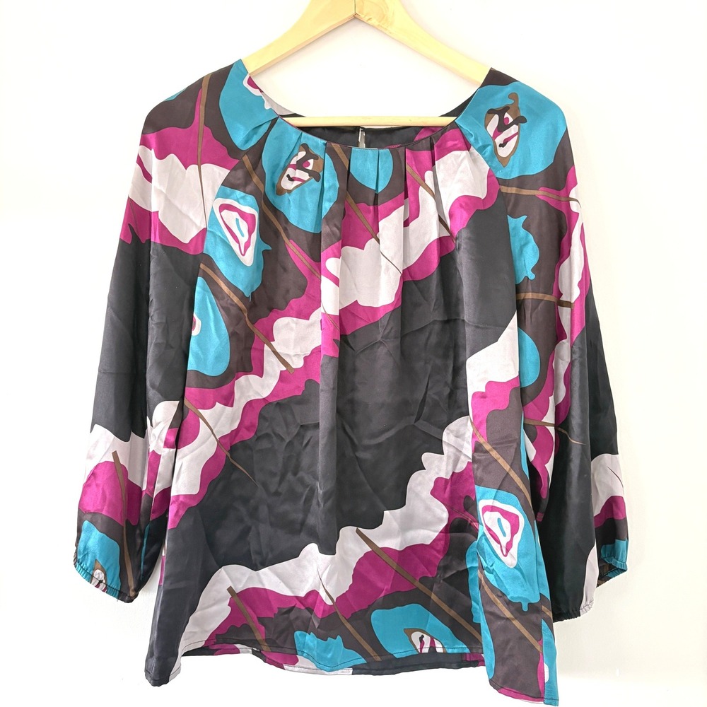 Peter Nygard Abstract‎ Print Pleated Neck Blouse Black Blue Pink Size 10
